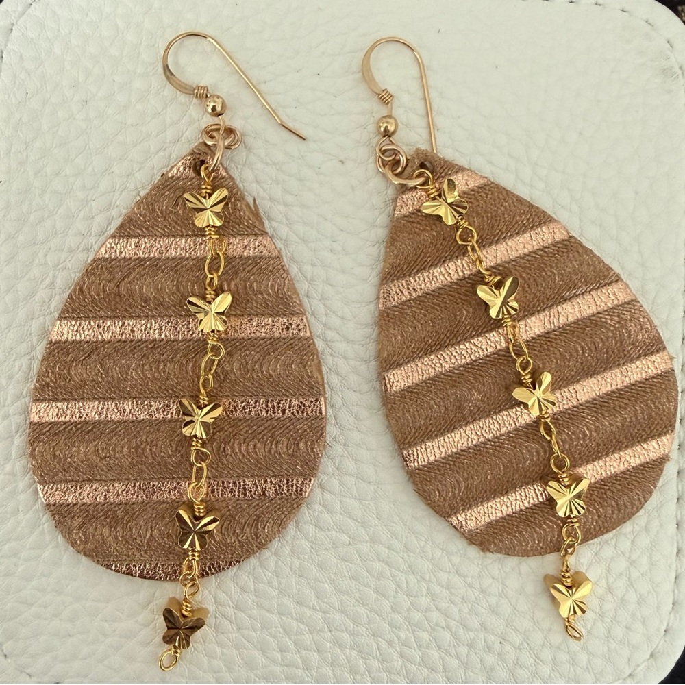 Gold tone Stripe and Butterfly Leather and Chain Teardrop Earrings